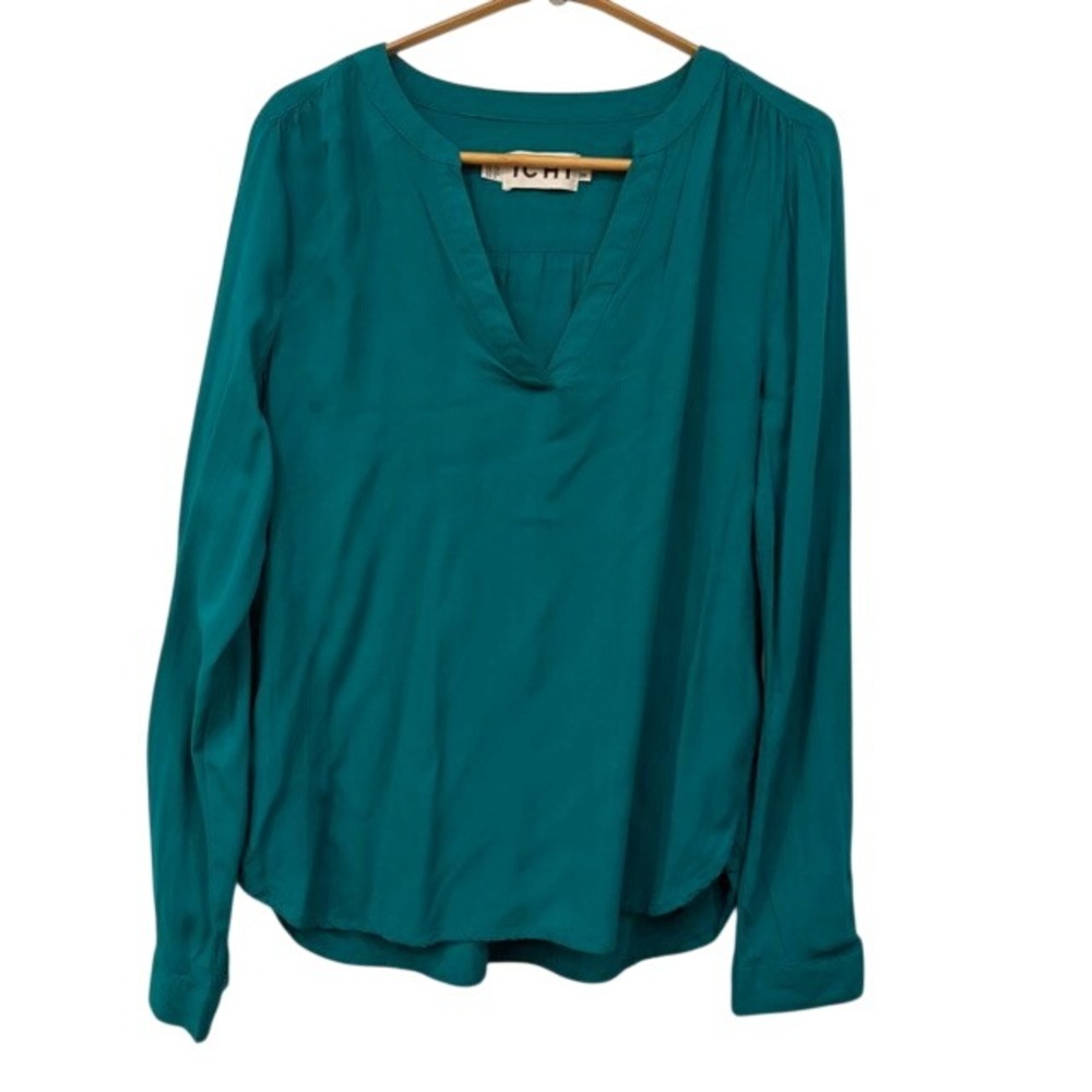 ICHI IHMAIN Split V-Neck Long‎ Sleeve Blouse Size 36 Medium Green Top